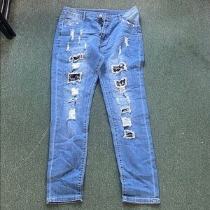 Distressed Blue Women's Jeans large New Orleans Saints NFL football straight